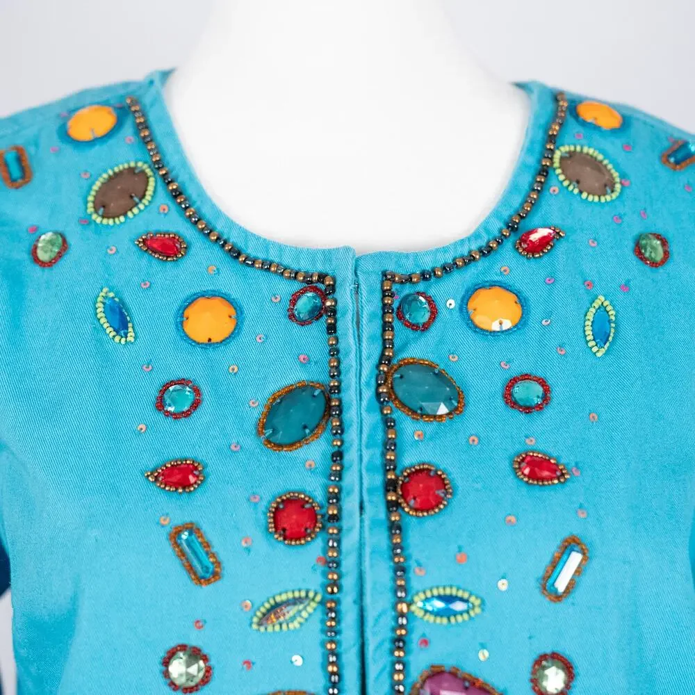 LifeStyle Women's Beaded Cotton Jacket Blue SZ SMALL Colorful Festive Bohemian